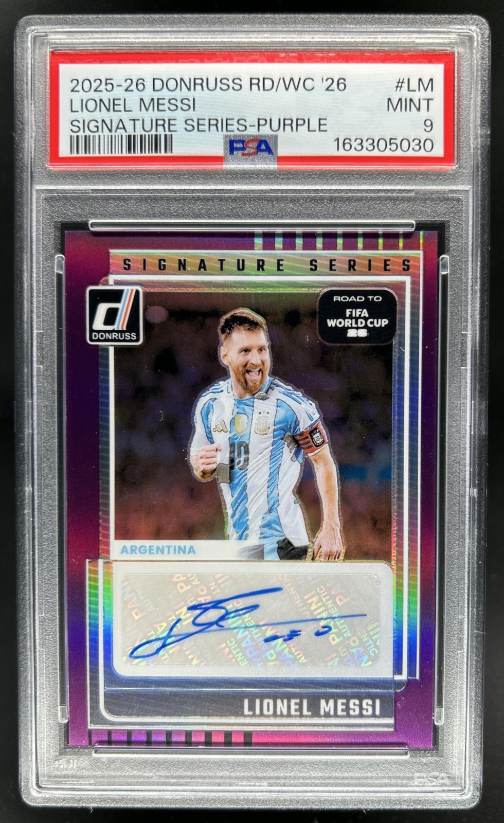 2025-26 Donruss World Cup 26' Lionel Messi Signature Purple Auto #/99 PSA 9 view 1