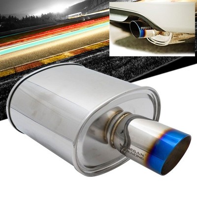 Megan Performance Muffler 3.5'' Tip 3'' Inlet Silver Chrome Rolled Blue Tip