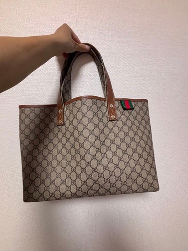 GUCCI GG Sherry Line Tote Hand Bag Leather PVC Brown Beige Gold Hardware