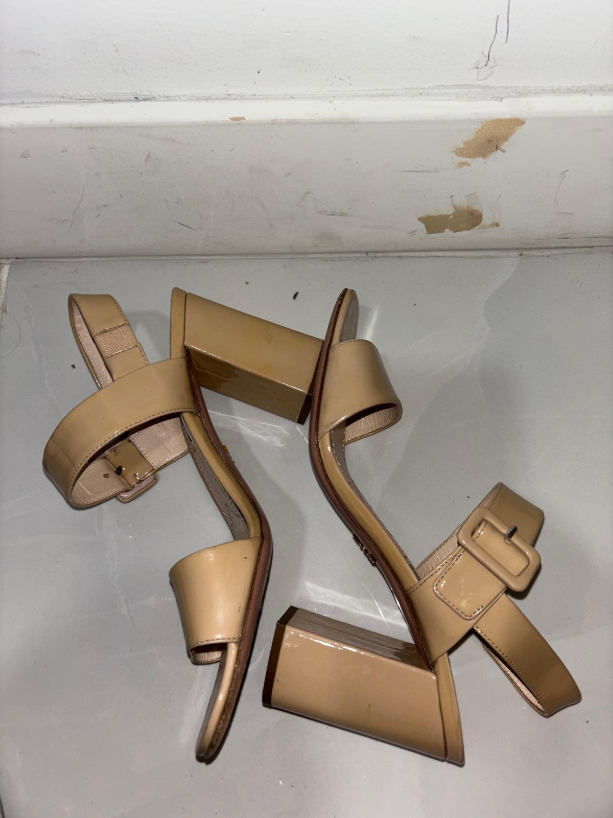 Prada Nude Patent Leather Ankle Strap Block Heel Sandals Size 37 thumbnail 3