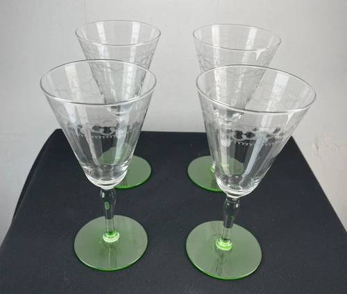 Vintage Depression Uranium Glass Scroll Etched Wine Glasses Set Of 4