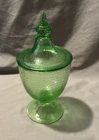 Uranium Glass L E Smith Candy Dish & Lid Crackle Green Depression Chip on LID