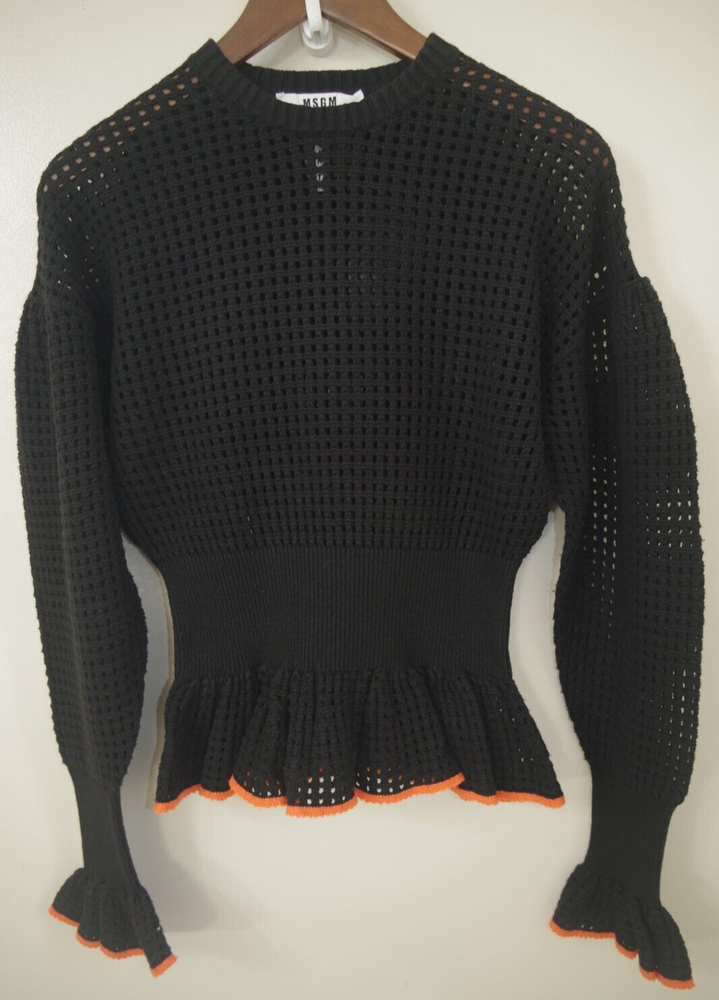 C20 - MSGM Milano Italy Black Open Crochet Orange Tip Knit XS Sweater Peplum