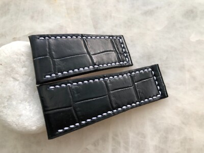 28mm/22mm Black Alligator Crocodile Embossed Leather Watch Strap Band