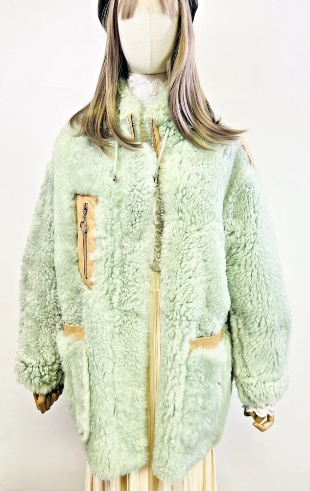 New Women Genuine Bazaar Sheepskin Shearling Green Fur Jacket US S/M Bust 43.5''