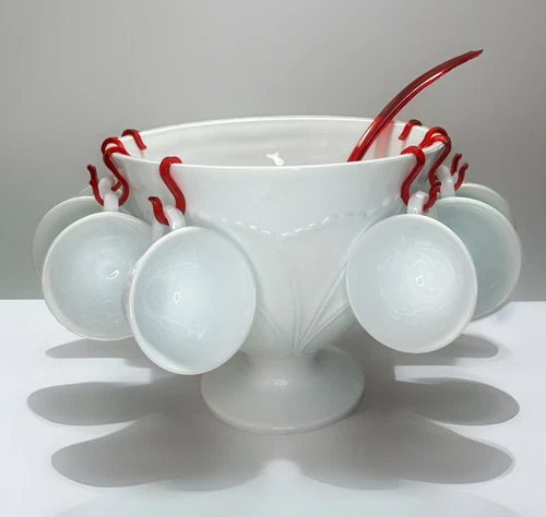 Vintage Orleans by Indiana Glass Milk Glass Punch Bowl Set 8 Cups W/Box Mint*