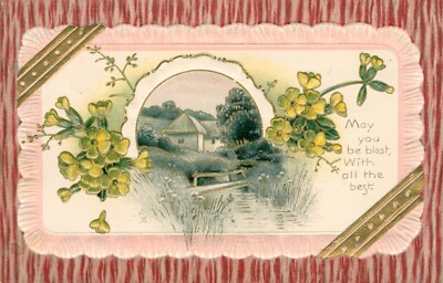 Be Blest Postcard~Antique~Cottage On Stream~Yellow Flowers~Pink Border~c1910