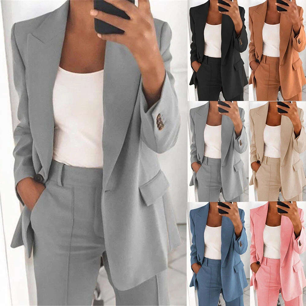 Plus Size Women Blazer Suit Ladies Long Sleeve Formal Work Jacket Pants  Suit Set