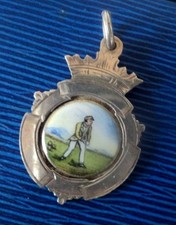 EARLY Silver  Enamel Medal / Fob / Pendant - Bowling / Bowls 1920 Birmingham
