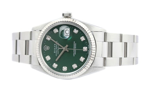 Rolex Mens Datejust 16014 18K White Gold Steel Green Diamond Dial Watch - Picture 6 of 8