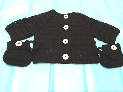Black Baby Cardi And Bootees Crochet Handmade. Free 2nd  Post Same Working Day 