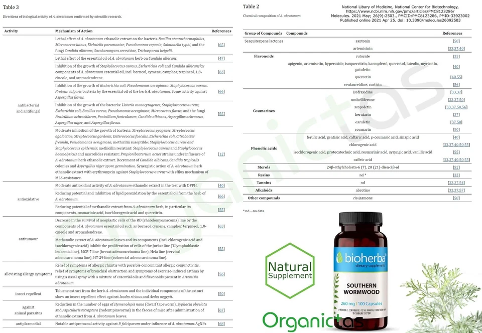 Artemisinin Supplement 260mg Southern Wormwood Extract 100 Capsules 100d Supply - Image 3 of 4