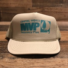 VTG Camping World Hat Snapback Trucker Cap Mens Beige MVP Insurance Plan - READ