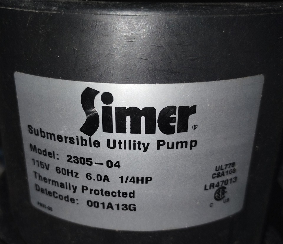 Simer Submersible utility pump 230504 1/4hp 115V 60Hz 6.0A Used Tested