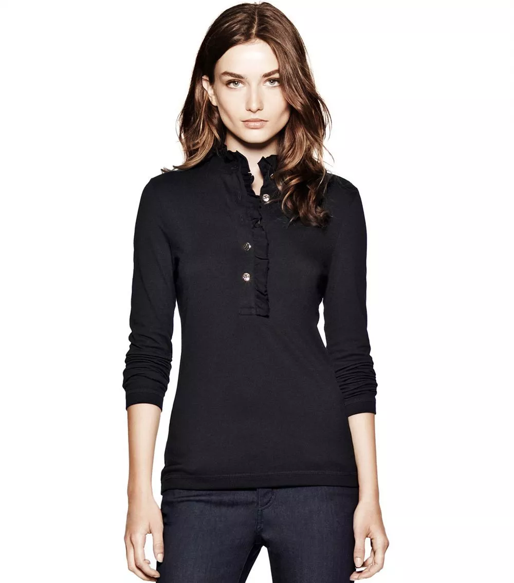 NWT Tory Burch Lidia Long Sleeve Ruffle Polo Shirt Top Black Size