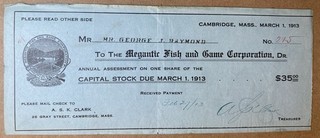 1913 Megantic Fish & Game Corporation Annual Assessment Receipt Boston/Cambridge