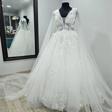 Boho A-Line Wedding Dresses V-Neck Cape Sleeves Lace Appliques Bridal Ball Gowns