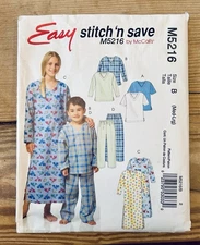 McCall’s Easy Stitch 'n Save Pattern M5216 Kid Size B Med-Large Nightwear Uncut
