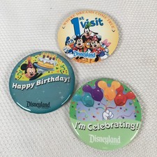 Lof of 3 Disney Pin Buttons Happy Birthday I'm Celebrating 1st Visit 3 Inch