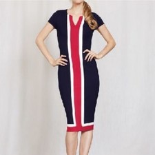 Boden Flora Ponte Dress Navy Blue with Red & White Stripes Size 8R
