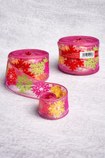 2 rolls of Sheer pink ribbon with bright snowflakes 2.5" x 25' wire edged