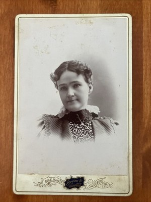 Woman w/ Sad Eyes Cabinet Card ID'd Mrs Grimsley Galesburg  IL Bryan & Howard 