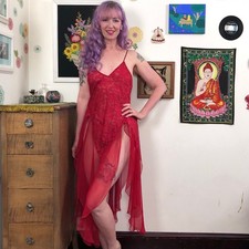 Vintage Red Scarf Hem Lingerie, 80s Sexy Nightgown with Sheer Fairy Skirt, Sz M