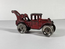 Antique Cast Iron Arcade Toys Tow Truck Auto Wrecker 4.5" Red W/ Metal Wheels