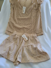 new in Beige Striped 2 Piece Top  Shorts Set Size M 80 Polyester 20 Cotton