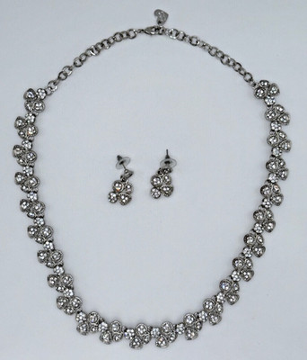 Wedding Bridal Rhinestone Crystal Flower Necklace and Earrings Set Silver Tone