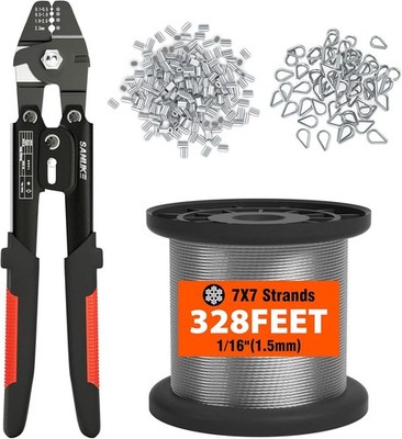 Wire Rope Crimp Kit with 328ft Stainless Steel Cable 7x7 Strand Core 1/16''