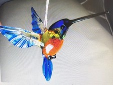 Hand blown glass animal Hummingbird hanging figurine ornament Blue Orange 4.9"