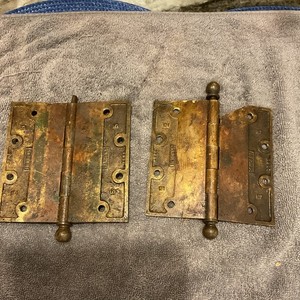 Stanley Antique Brass Door Hinges Lot of 2, Ball Finials, Salvage Green Patina