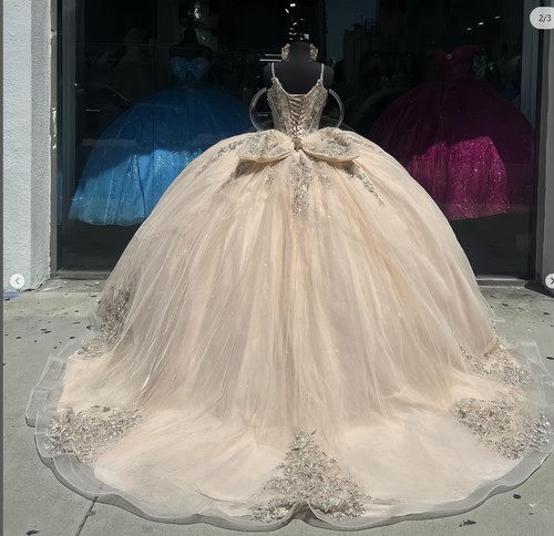 Glitter Quinceanera Dresses With Bow 3D Flower Pageant Sweet 15 16 Ball Gowns - Picture 3 of 24