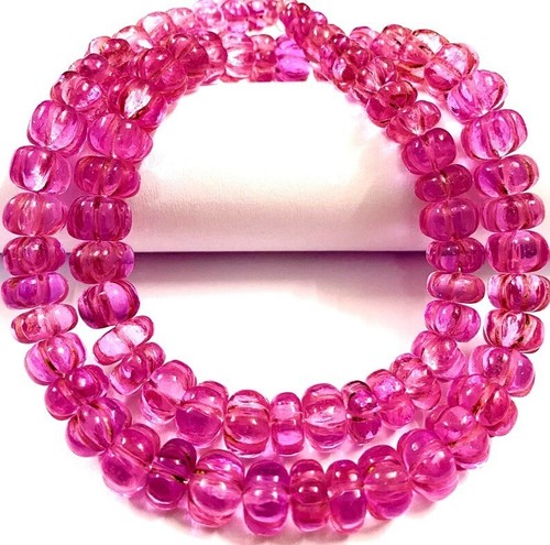 Pink Sapphire Carved Melon Shape Gemstone Beads For Jewelry, Size 6-11mm 16 Inch - Picture 3 of 4