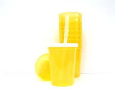 12 Plastic Drinking Glasses/Cups Lids Straws Clear Yellow Mfg USA Lead Free