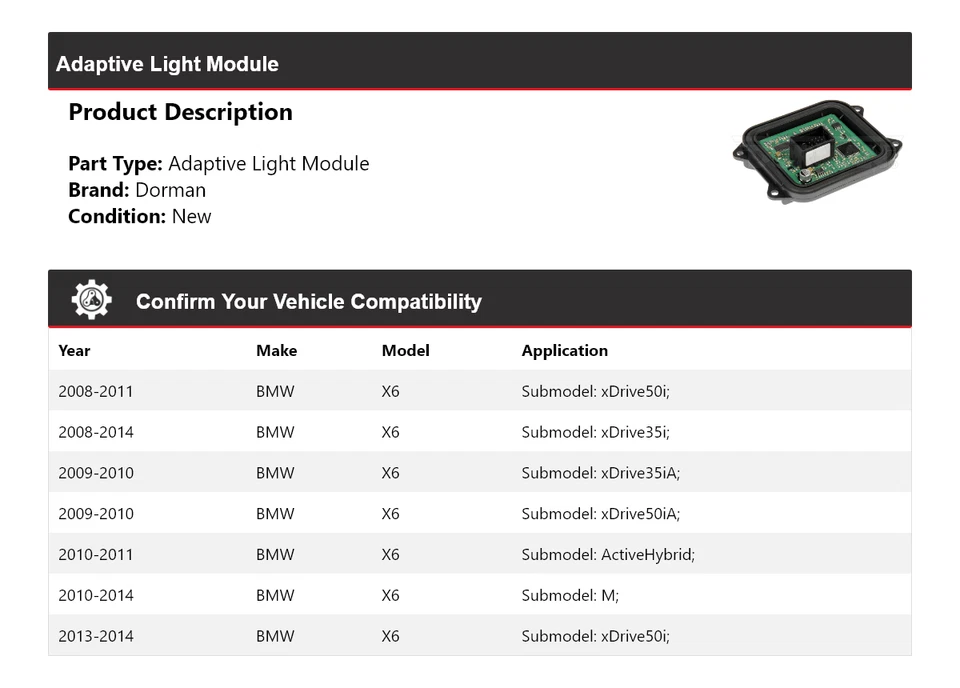 Módulo de luz adaptativa para BMW X6 Dorman 2008-2014 2009 2010 2011 2012 2013 Foto 2 de 4
