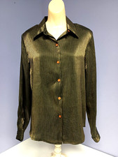 Blouse Vintage 80's Impressions Rayon/Poly Blk/Gold Metallic Stripe Blouse Lg