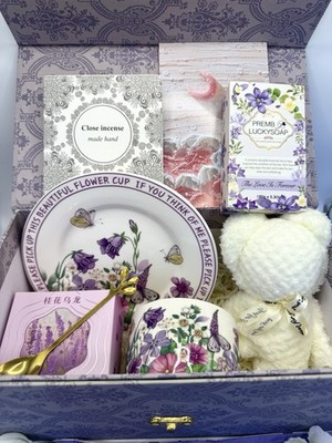 Lavender Tea Gift Box for Her   Floral Ceramic Cup Set & Cozy Self-Care Package