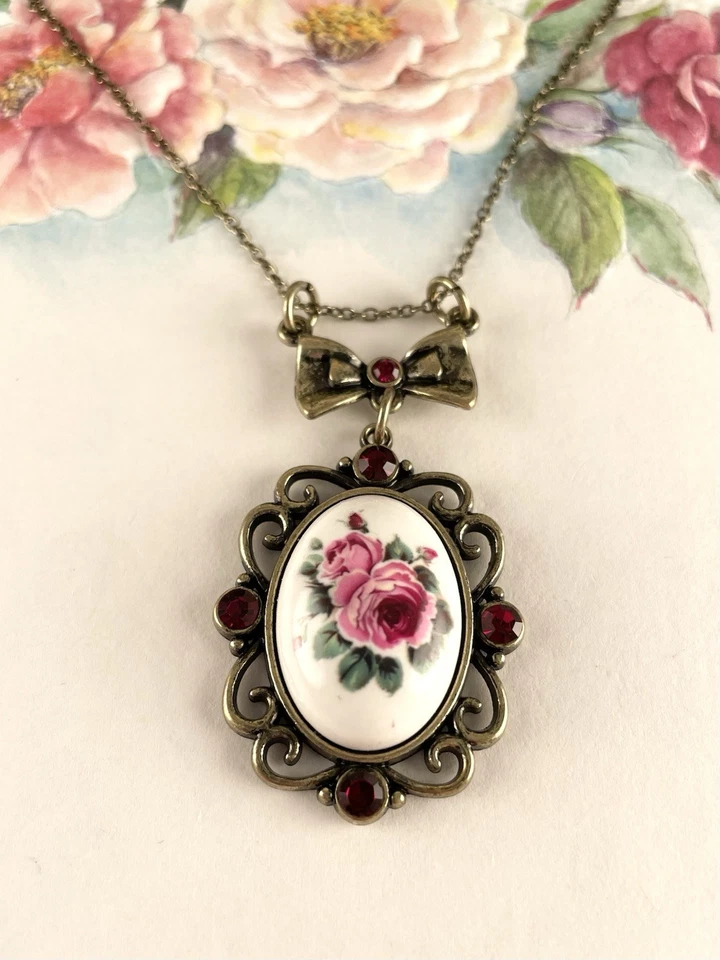 Collar Victoriano Art Deco Estilo Rojo Rosa Floral Bronce Joyería de Moda Foto 3 de 4