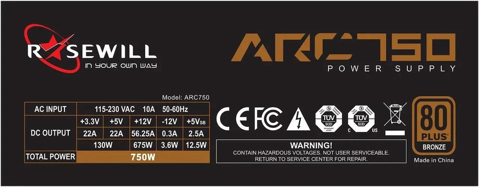 Rosewill ARC750 Watt Power Supply - 80 Plus Bronze Certified - BRAND NEW IN BOX! - Image 3 of 4