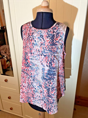 AVON Preloved Damen Top Gr. 10/12 Rosa Blau Mix Ärmellos Seidig Rundhals