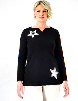 NWT QUACKER FACTORY TWINKLE STAR SEQUIN SPLIT NECK LONG SLEEVE TOP, BLACK, 2X