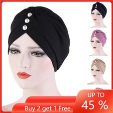 Muslim Women Beads Turban Pleated Hijab Hat Hair Loss Chemo Cap Head Wrap Cover