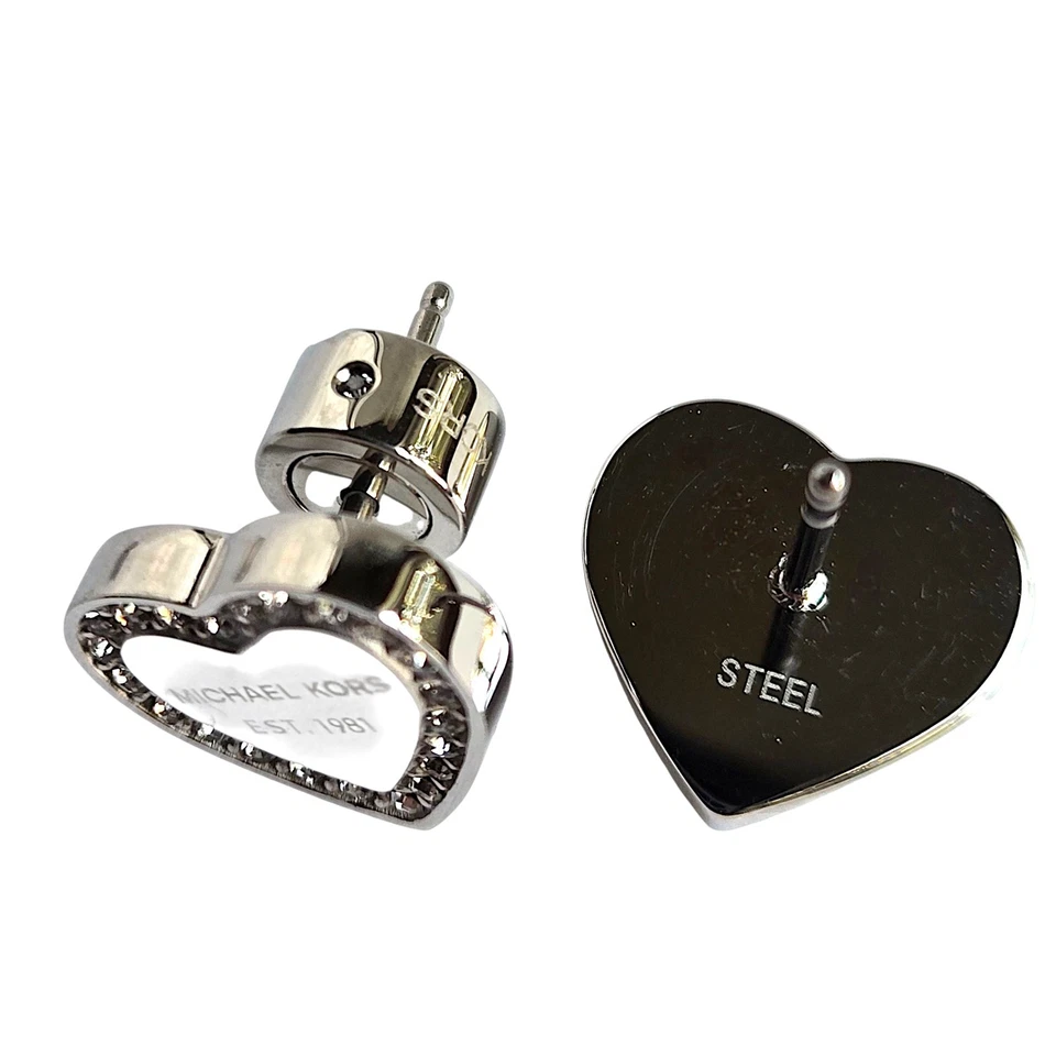Michael Cors Silver Tone Stainless Steel Signature Pave Crystal Heart Earrings - Image 2 of 3