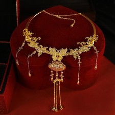 Chinese Wedding Necklace Gold Tassel Dragon Phoenix Choker Hanfu Bride Jewelry