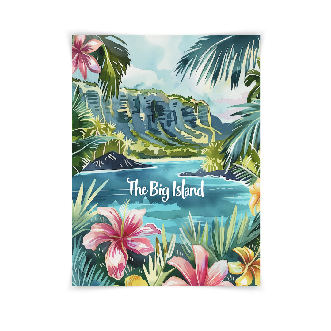 Big Island Hawaii Watercolor Print, Tropical Island Landscape Art