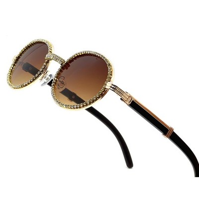 Sunglasses Brown Round Frame Gold Accent Fashion Shades Men Women Outdoor Migos