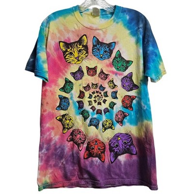 Tie Dye Cat Spiral Psychedelic Fruit of the Loom T-Shirt Adult Med HD Hippie Tee
