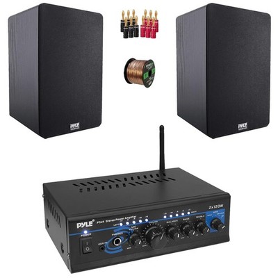 Pyle PTA4 AUX CD MP3 Amp Receiver, 2x 6.5  240W Wooden Speakers, Banana Plugs